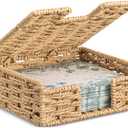 Threehoney Woven Paper Rope Napkin Holder with Lid for Outdoor Picnic Table, Flat Square Napkin Basket for Dinner Kitchen Camping Farmhouse, 7 x 7 Inch