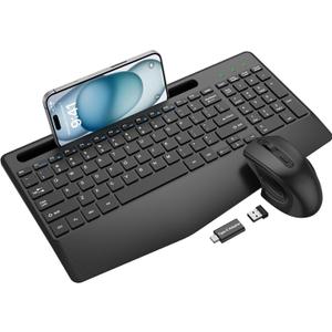Wireless Keyboard and Mouse Combo, Ergonomic Keyboard with Wrist Rest, Phone Holder, Sleep Mode, 2.4G Lag-Free Rechargeable Silent Cordless Keyboard Mouse Set for Windows, Mac, Laptop, PC (Black)