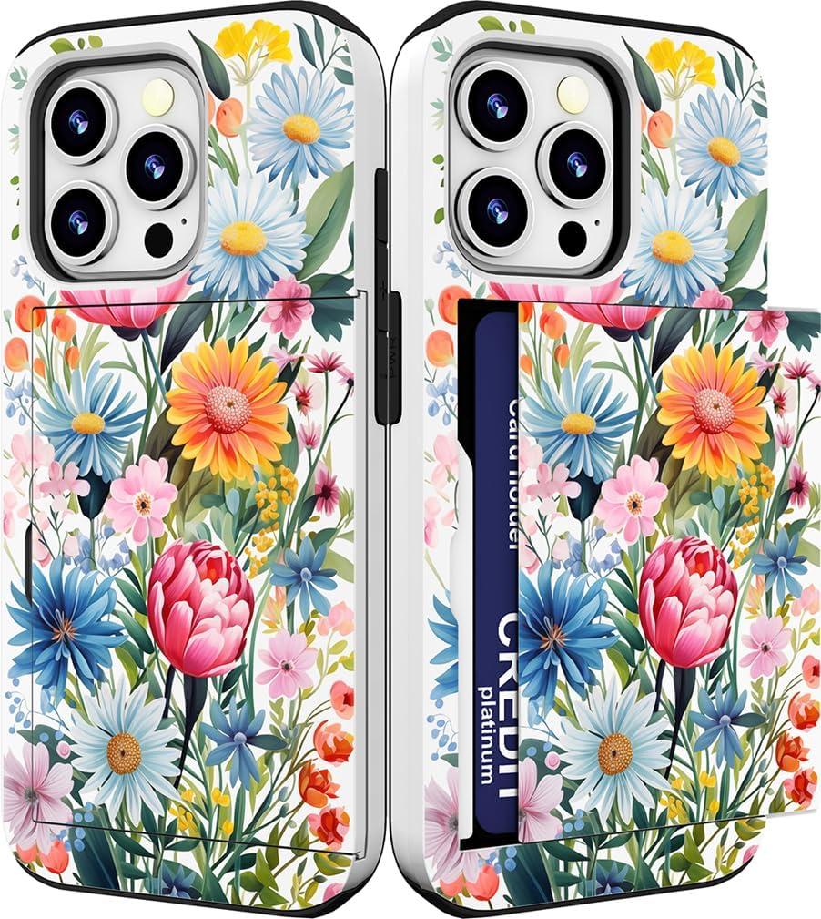 Compatible for iPhone 15 Pro Max Case Cute with Card Holder Shockproof Slim Slot Phone Promax Wallet Cover/Blue Flowers Wild Rose Paisley Peony Floral Lovely