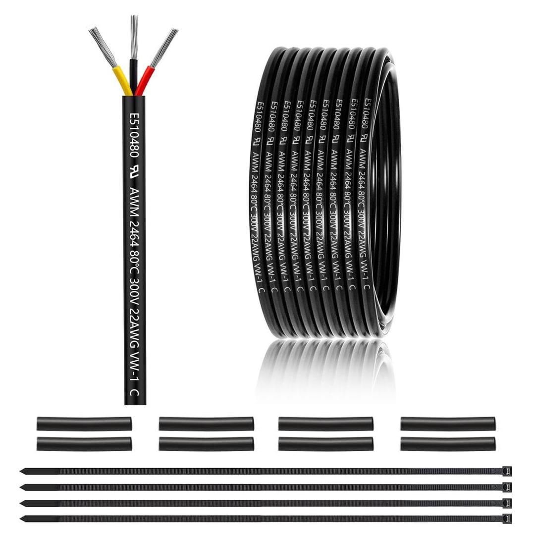 22 Gauge 3 Conductor Electrical Wire 25FT, UL 2464 22 AWG 3 Wire Cable Tinned Copper PVC Stranded 22/3 Core Wire for LED Lighting, Outdoor Low Voltage Extension Cable, Automotive etc.