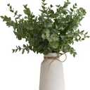 Artificial Eucalyptus Stems in White Ribbed Texture Ceramic Vase,Realistic Greenery 14" Faux Plant Arrangements Home Decor Weddings Centerpieces