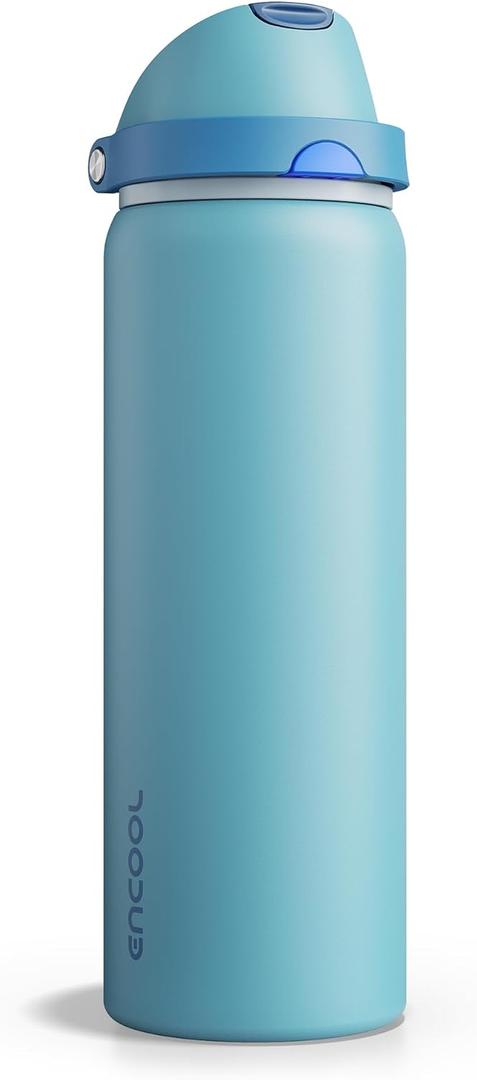 Insulated Water Bottle with Straw - Encool Stainless Steel Water Bottle with Push Button Lid, Leak-Proof & BPA-Free, Keeps Cold for 24 Hours for Sports, Travel, Gym (32 oz, Silk Blue)