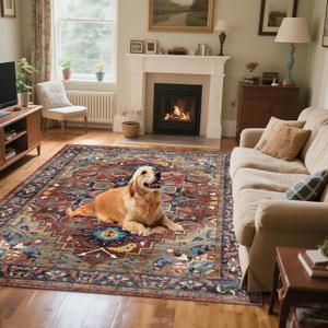 6x9 Large Washable Area Rug for Livingroom - Non-Slip Durable Carpet in Vintage Retro Design Rugs for Bedroom & Dining Room, Stain Resistant Easy Clean & Kid/Pet Friendly (Brown/Navy)