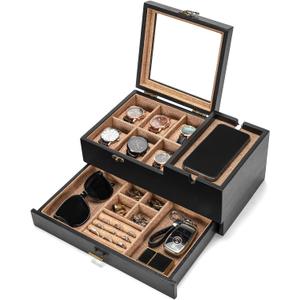 Pinzoveco Watch Box Organizer for Men, 6 Slot Mens Jewelry Box Display & Storage Watch, Solid Wood Watch Case for Men, Gift for Boyfriend Fathers Day Birthday Gifts (Black)