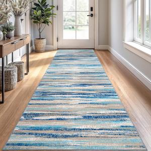 Lansny Modern Abstract Runner Rug 2.6x10, Blue Washable Long Kitchen Runner Non-Slip Soft Hallway Rug Runner Thin Print Faux Wool Carpet for Entryway Bedroom Laundry Room Indoor Home Decor