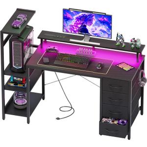 51 Inch Gaming Desk with Power Outlet and LED Lights, Computer Desk with 4 Drawers & Storage Shelves, Reversible Home Office Desk with Monitor Stand for Small Space Bedroom, Carbon Fiber Black