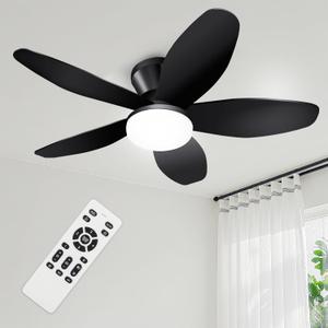 Yoedivu Ceiling Fans with Lights - 35 Inch Small Low Profile Ceiling Fan and Remote,Flush Mount Ceiling Fan with 5 Reversible Blades 6 Wind Speeds, Black Modern Ceiling Fans for Bedroom Kitchen