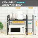 DOLALIKE Microwave Oven Rack, Expandable Microwave Stand Countertop Kitchen Utensils Tableware Storage, Carbon Steel Over Microwave Shelf Countertop with 3 Hooks