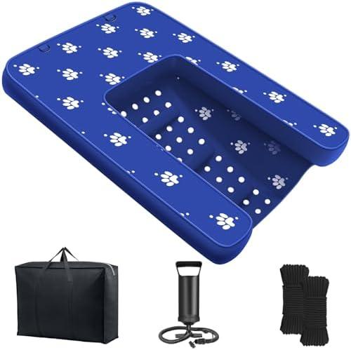Inflatable Dock Platform, Dog Boat Ramp Floating Non-Slip Oxford and PVC with Water Ramp for Dogs Pool, Dock, Lake,Boat, with Traction Rope, Inflation Pump (4.5ft x 3ft x 6in) Light Blue