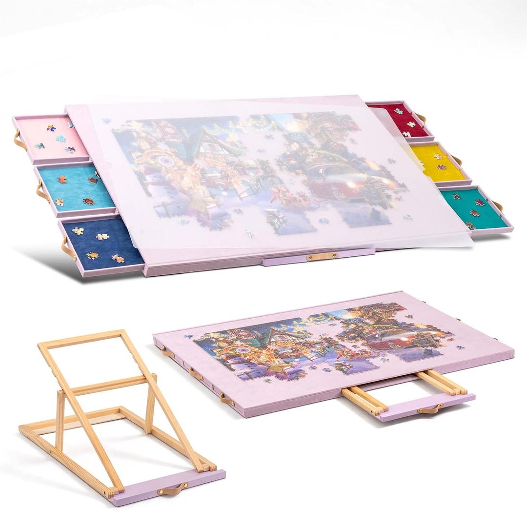 Tektalk Flannelette Covered Jigsaw Puzzle Table with Integrated Adjustable Stand & Cover, 3-Tilting-Angle Wooden Plateau Portable Puzzle Board with 6 Sorting Drawers, for Up to 1500 Pieces (Purple), 36.6 x 25 inches