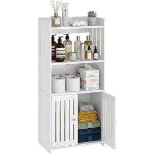 HAYOFAMY Bathroom Storage Cabinet, 4-Tier White Floor Cabinet Freestanding Organizer with Door for Living Room Kitchen Small Space (8.7" D x 14.2" W x 29.5" H)