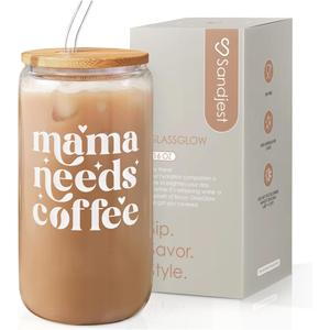 Mom Glass Can, Mama Needs Coffee Cup with Lid & Straw, Iced Coffee Aesthetic Cups, Idea Gifts for Christmas Birthday Mother Day, Gifts for Women, 16oz