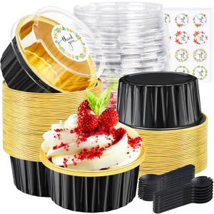 30Pcs Mini Cake Pans with Lids Aluminum Foil, ZOXILEN 5oz Disposable Mini Loaf pans with Lids Spoons, Round Small Baking Cups Pie Tins Cheesecake Containers for Party Black Gold