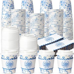 Jingmore 48 Sets Floral Paper Coffee Cups with Lids and Sleeves 8oz Vintage Flower Disposable Drinking Cups Bulk for Birthday Wedding Bridal Shower Tea Party Supplies (Blue)