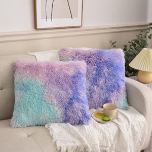 Aimuan Home Decor Luxury Series Plush Shaggy Pillow Shams Super Soft Velvet Style Tie Dye Artificial Fur Throw Pillow Case Cushion Cover for Sofa/ Bed/ Living Room Ombre Set of 2Pcs Purple, 17.7"x17.7"