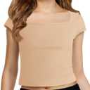 Haloumoning Girls Crop Tops Summer Short Sleeve T Shirts Kids Square Neck Slim Fit Basic Tee (5-6 Years, Beige)