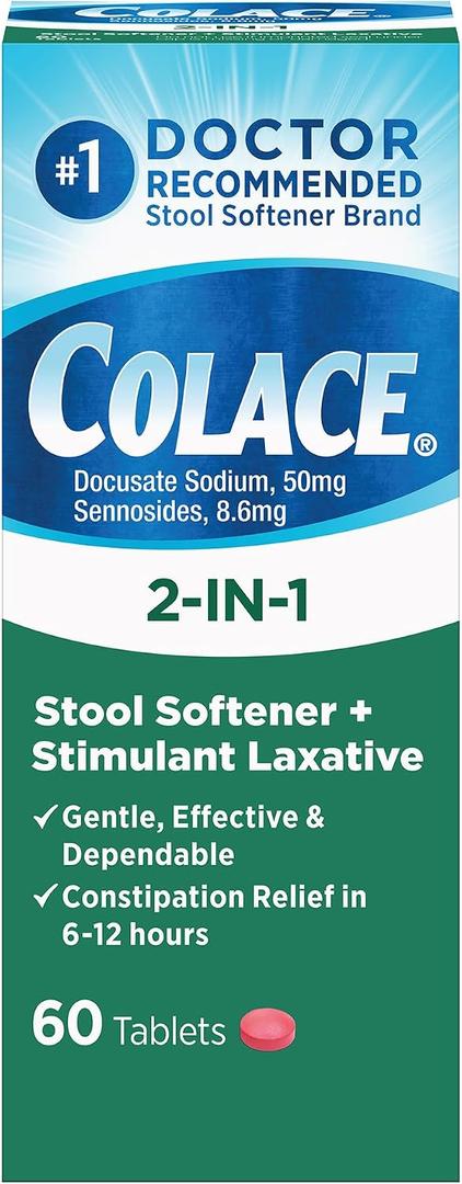 Colace 2-in-1 Stool Softener Plus Stimulant Laxative Tablets, 60 Count (Pack of 1), Gentle Constipation Relief, Docusate Sodium Plus Sennosides
