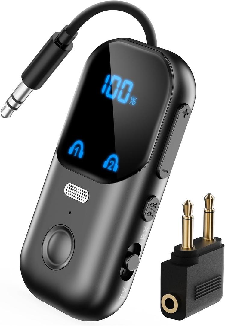 Bluetooth 5.4 Transmitter Receiver for 2 AirPods/Headphones, 2-in-1 Airplane Bluetooth Adapter with Mic for Hands-Free Calls, Low Latency, Wireless Audio Adapter for Travel Flight TV Speakers (Black)