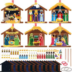 Funrous 24 Set Christmas Make a Nativity Scene Sticker Crafts DIY Stick Advent Craft Religious Hanging Ornaments for Christmas Tree Holy Night Christian Party Favors Classroom Activities(Nativity)