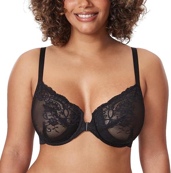 DELIMIRA Women's Front Closure Lace Underwire Sheer Bras Plus Size Full Coverage Sexy Plunge Unlined Bra, 38D