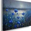 Beautiful Blue Cornflowers Moonlit Lake Landscape Canvas Wall Art - Tranquil Nature Home Decor for Living Room & Bedroom Bathroom - HD Waterproof Stretched Framed Art Print Ready to Hang Blue Flower (Wrapped Canvas), 16"L x 12"W