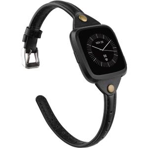 TOYOUTHS Slim Strap Compatible with Fitbit Versa 2/Versa/Lite/Special Edition Bands for Women Men Thin Genuine Leather Replacement Wristbands Handmade Watch Band, Black