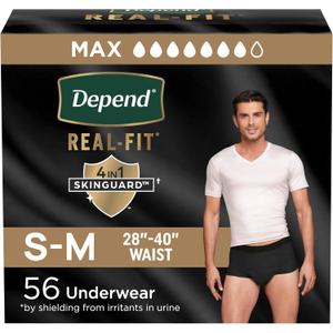 Depend Real Fit Adult Diapers, Incontinence Underwear for Men, Disposable, Maximum Absorbency, Small/Medium, Black, 56 Count (2 Packs of 28)
