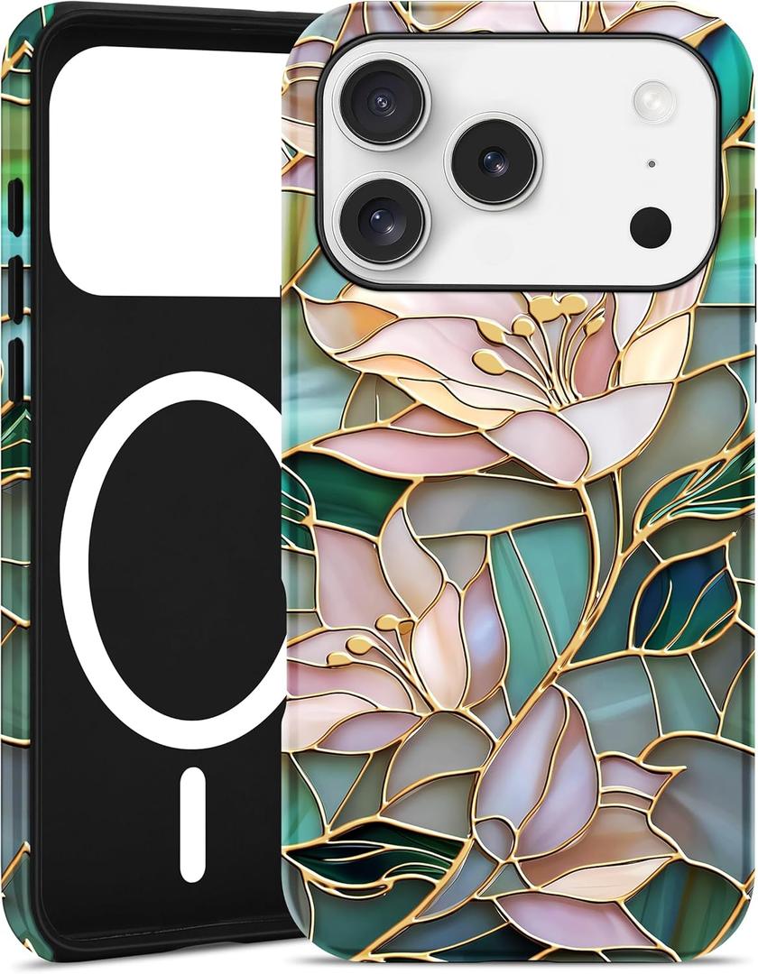 Jusy Compatible with MagSafe Lily Flower Case for iPhone 17 Pro, Aesthetic Stained Glass Floral Magnetic Phone Case, Soft TPU and Hard PC Protective Phone Cover for Women Girls (Shiny)  Lily