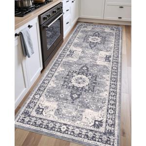 DEXI Kitchen Runner Rug 3x7,Washable Hallway Floor Mat Non Slip Absorbent,Vintage Floral Carpet for Farmhouse Entryway, Laundry Room, Patio Entrance, Blue