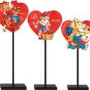 Spiareal 3 Pcs Valentines Day Heart Wooden Sign on Stand Heart Shape Tall Standing Table Signs Love Farmhouse Decorations for Valentines Day Table Party Centerpiece(Red,Vintage)