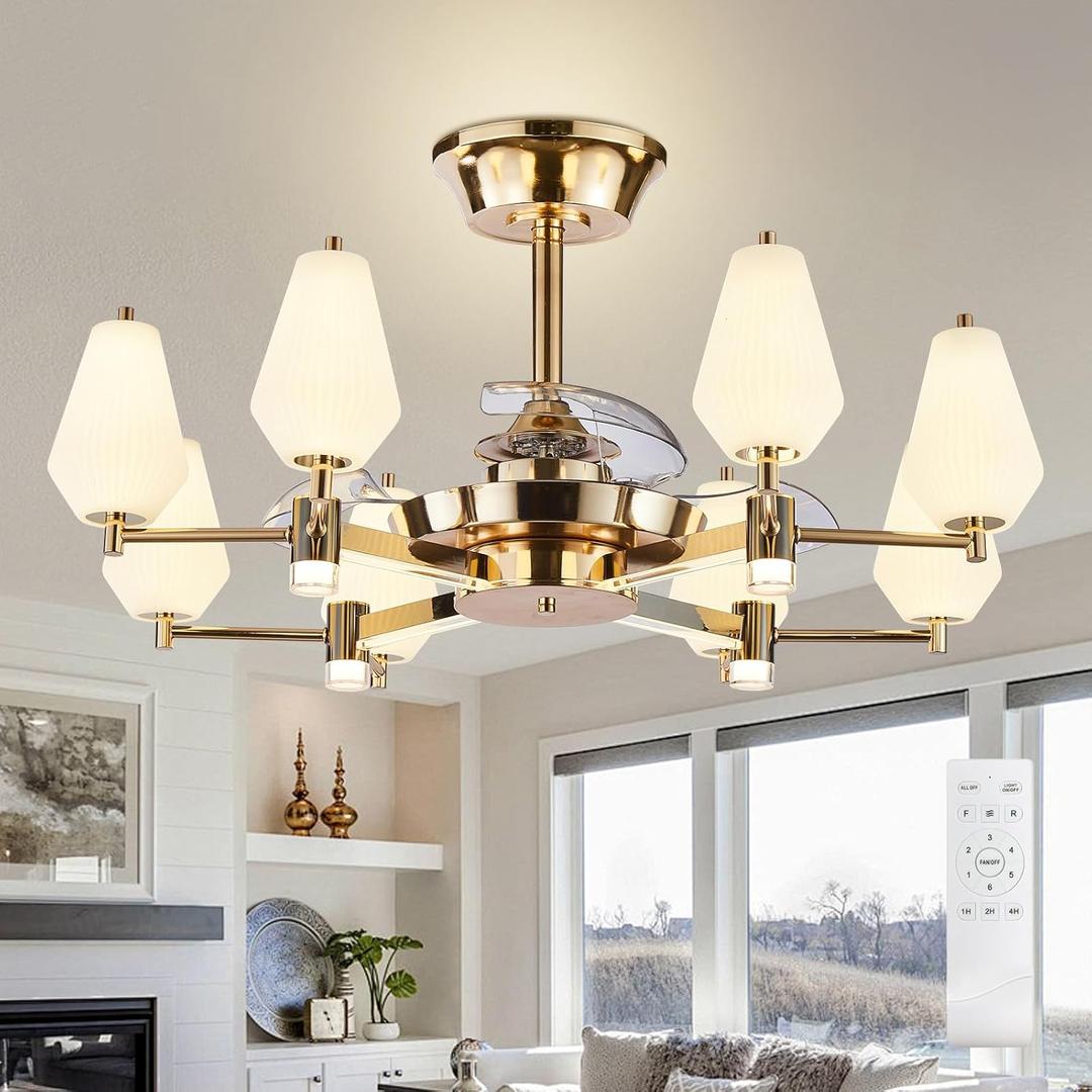 Chandelier Ceiling Fans with Lights: Modern Sputnik Gold Fandelier Ceiling Fan - Chandelier Fan for Bedroom, Living Room - 8 Light, 3 Blades 6 Speed 3 Color Change Timing, 33.5" (8-Lights)