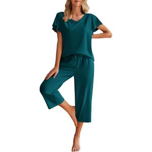 Ekouaer Womens Cotton Pajamas Sets Short Sleeve Tops and Capri Pants Sleepwear Loungewear with Pockets (Small, Marine Blue)