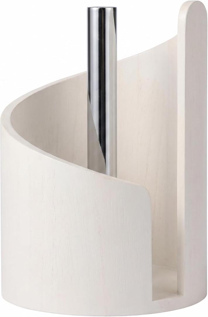Paper Towel Holder Stand - Premium Wood Base with Metal Arm, Countertop Organizer for Kitchen & Dining Table Holds Mega Rolls, Rustic Home Decor-White, 11.5"L x 8.25"W