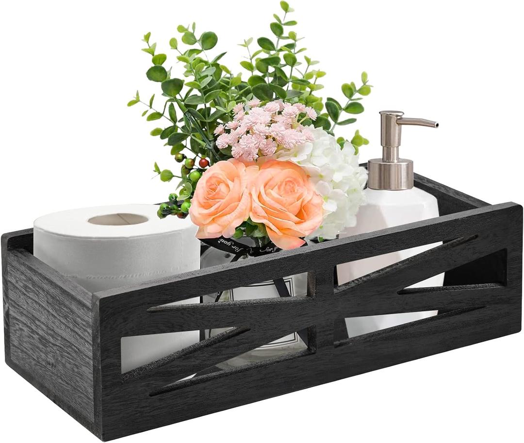 Wooden Bathroom Decor Box, Rustic Toilet Tank Holder, Farmhouse Toilet Paper Organizer Holder Storage Box Perfect for Living Room, Table Counter and Kitchen (Black)