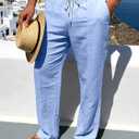Mens Linen Pants Casual Beach Yoga Pants Elastic Waist Drawstring Straight Leg Loose Lightweight Trousers with Pockets (Blue, XXL)