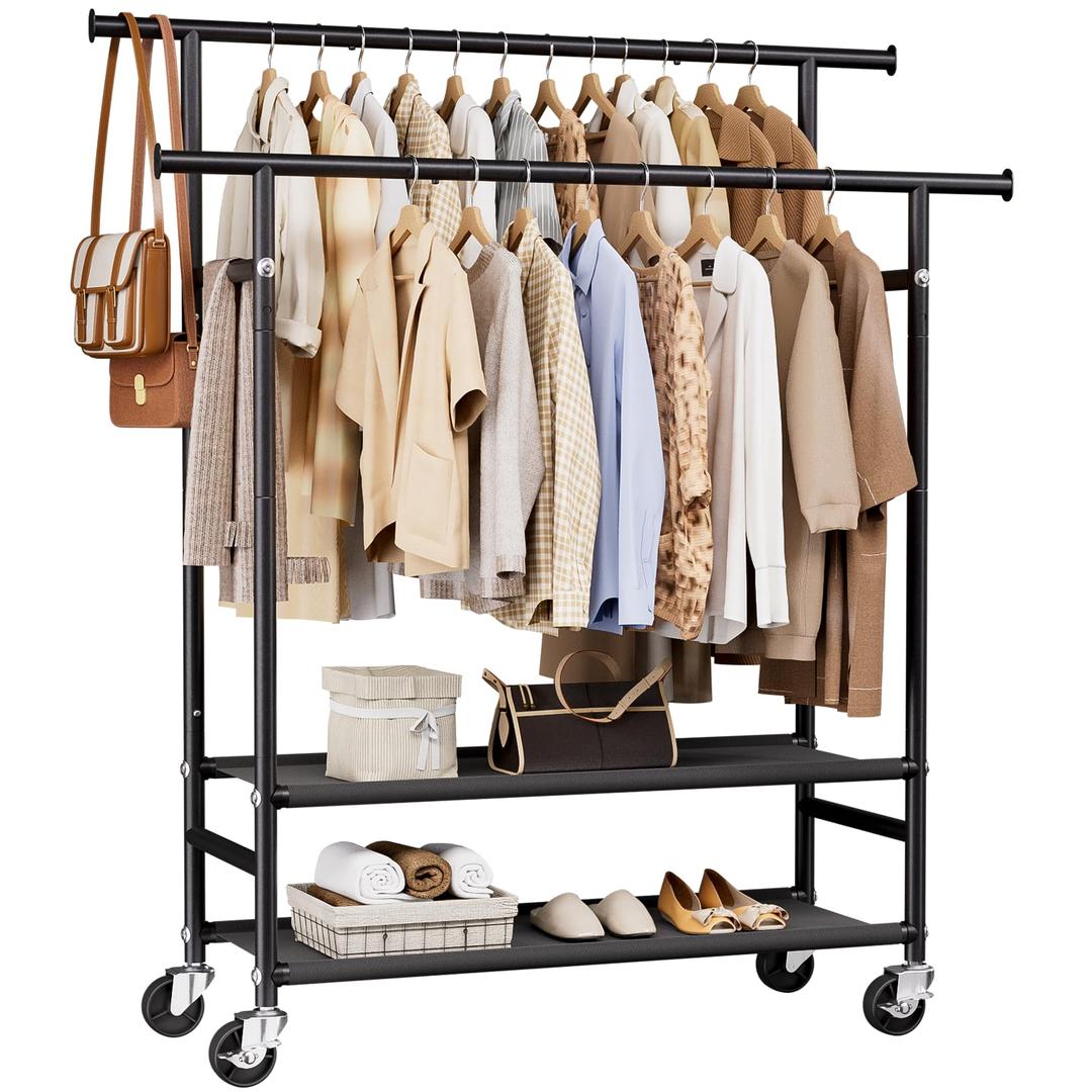 HYSEYY Clothes Rack, Double Rods Rolling Clothing Rack for Hanging Clothes, Portable Garment Rack with Wheels, Coat Rack Wardrobe Closet Load 380 LBS for Bedroom Laundry Room, Black