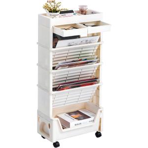 AGTEK 5 Tier Rolling Utility Cart, Book Cart with Wheels, Office Book Carts with Divided Top Shelf for Organizing Books and Supplies in Home, Office, Classroom, White