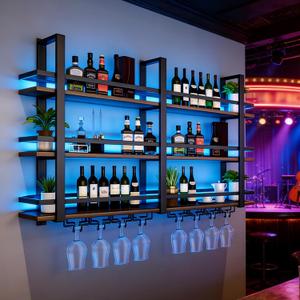 Wine Rack Wall Mounted with LED Lights, 3 Tier Metal Liquor Floating Display Shelves, with Wine Glass Rack, Iron & Wood Industrial Wall Wine Rack, for Bar, Kitchen, Cafe (Black, 47.2in)