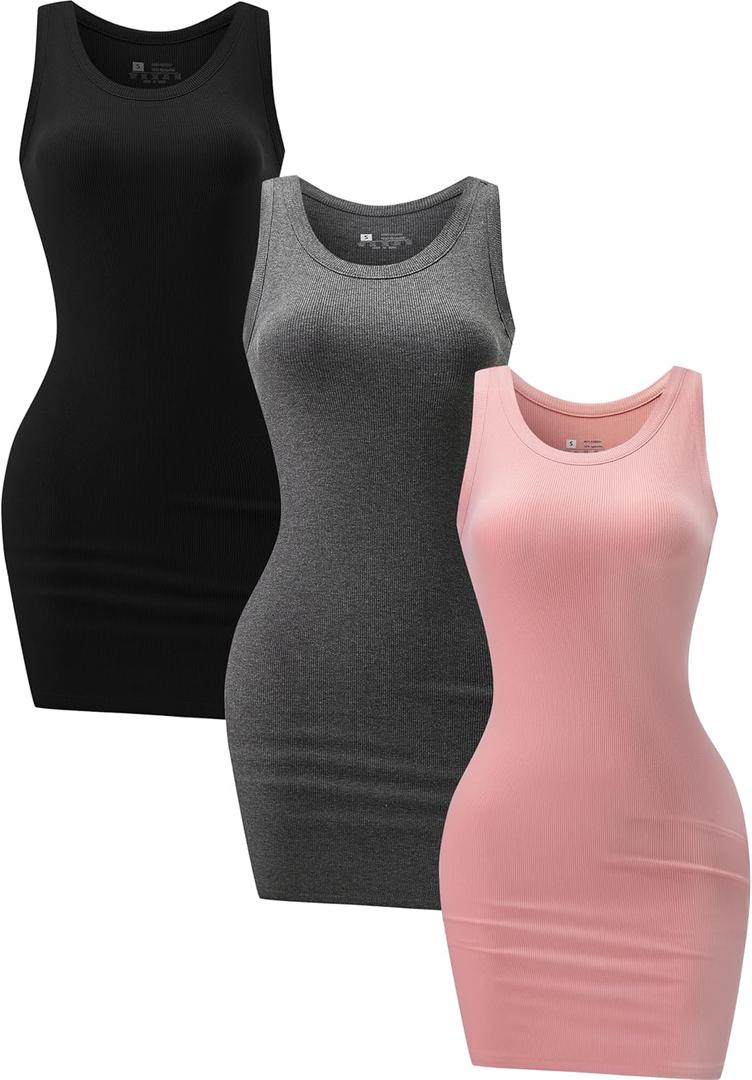 3 Pack Summer Dresses for Women 2026 Ribbed Crewneck Tank Top Dress Sleeveless Sundress Basic Bodycon Mini Dress (Small, Black/Gray/Pink)