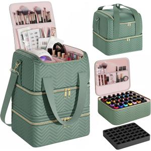 Nail Polish Organizer Bag–3-Layer Nail Organizers and Storage Bag with Detachable Bottom Section–Holds 84 Bottles–Embroidered Nail Polish Case Organizer with Luggage Strap