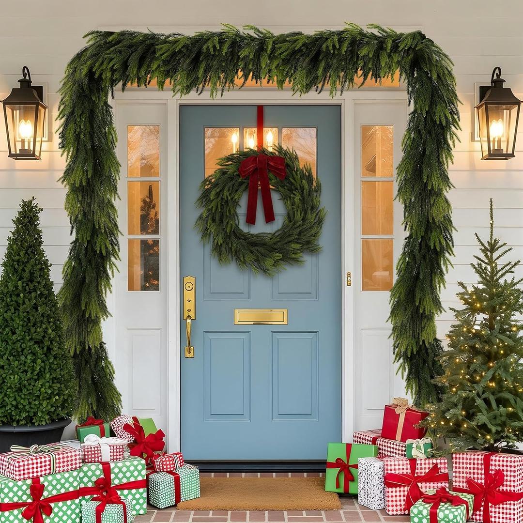 N&T NIETING 6FT Christmas Norfolk Pine Garland Real Touch Pine Artificial Faux Greenery Garlands Winter Christmas Garland for Table Mantle Fireplace Holiday Indoor Outdoor Xmas Decorations (6 Pcs)