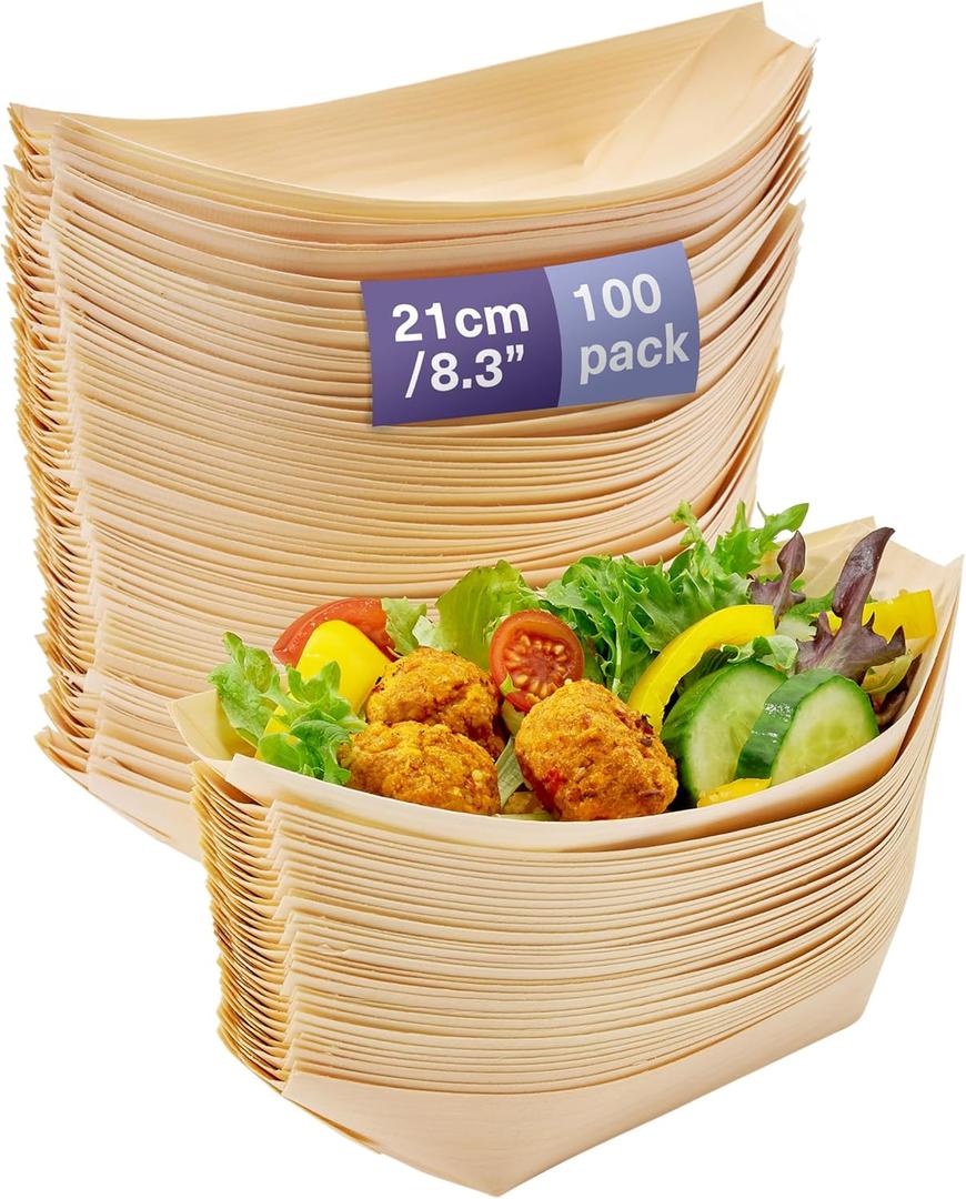 MATANA 8.3" Inch Large Bamboo Plates Disposable 100 Pack - Biodegradable Sushi Boat Serving Tray, Wood Paper Plates for Appetizer, Taco, Snacks, Disposable Bamboo Bowls & Vessel for Parties