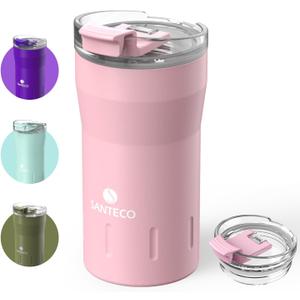 SANTECO Travel Coffee Mug 12 oz, Insulated Coffee Cups with Flip Lid, Stainless Steel Coffee Mugs Spill Proof, Double Wall Vacuum Tumblers, Reusable To Go Mug for Hot/Ice Coffee Tea - Pink