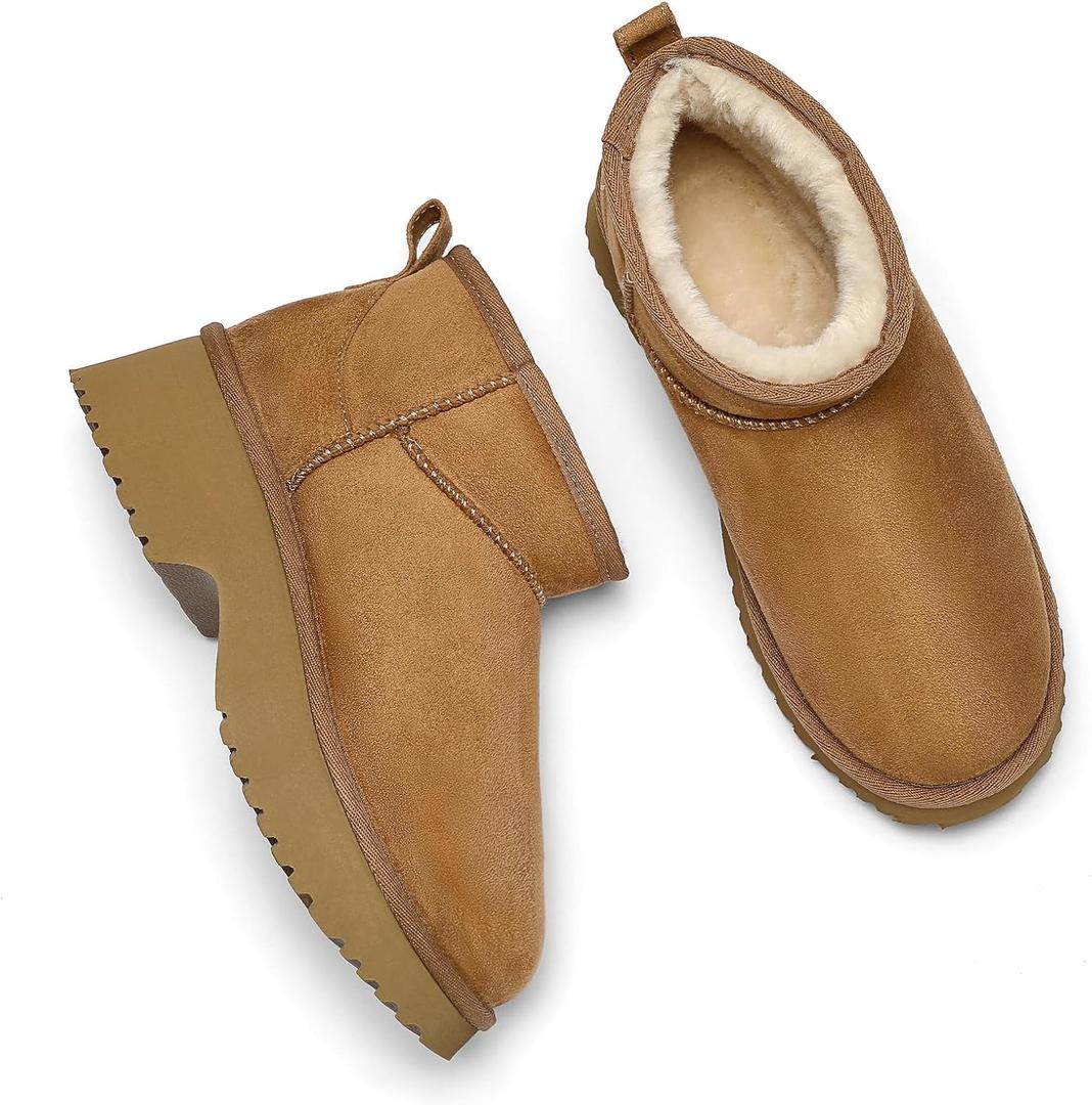 Women's Waterproof Winter Snow Boots Lightweight Warm Fur Lined Lace-Up Boots Mid-Calf Booties Anti-Slip Sole for Cold Weather Outdoor (Brown)