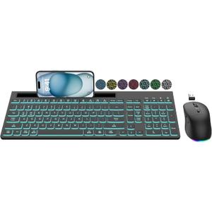 Wireless Keyboard and Mouse Combo, 7 Backlit Effects, Light Up Letters, Rechargeable, Phone Holder, 6 Button Mouse, Ergonomic Tilt Angle, 2.4GHz Silent USB Keyboard Mouse for Laptop, Computer, PC