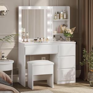 Decofy Vanity Desk with Mirror and 12 LED Lights, Makeup Vanity Table with USB & Power Outlets, 4 Drawers and Hairdryer Holder, Padded Stool with Storage, White, 37 inches x 17.5 inches x 55.11 inches