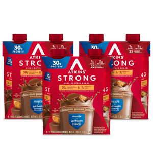 Atkins Strong High Protein Shake, Chocolate Peanut Butter Flavor, 30g Protein, GLP-1 Support, Low Carb and Low Sugar Shake, Keto Friendly, Gluten Free, Muscle and Gut Health Support, 12 Count (EXP 11/03/26)