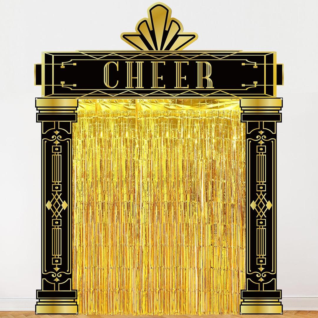 6 Pcs Roaring 20s Party Decorations Set Black and Gold Door Cover Banner with Gold Tinsel Fringe Curtain Backdrop 1920s Birthday Speakeasy Awards Night Vintage Jazz Flapper Wedding Supplies