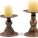 Farmhouse Bronze Candle Holders for Pillar Candles Metal Decorative Taper Candle Stand, Retro Set of 2 Candlestick Holder Table Centerpiece Decor for Fireplace, Living or Dining Room