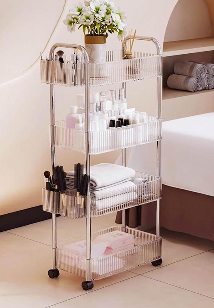 Dalekana 4-Tier Plastic Rolling Utility Cart with Wheels, Lightweight-Usage Multifunctional Storage Organizer Cart for Home, Office, Kitchen & Bathroom, 8.2W * 13L * 35.8H